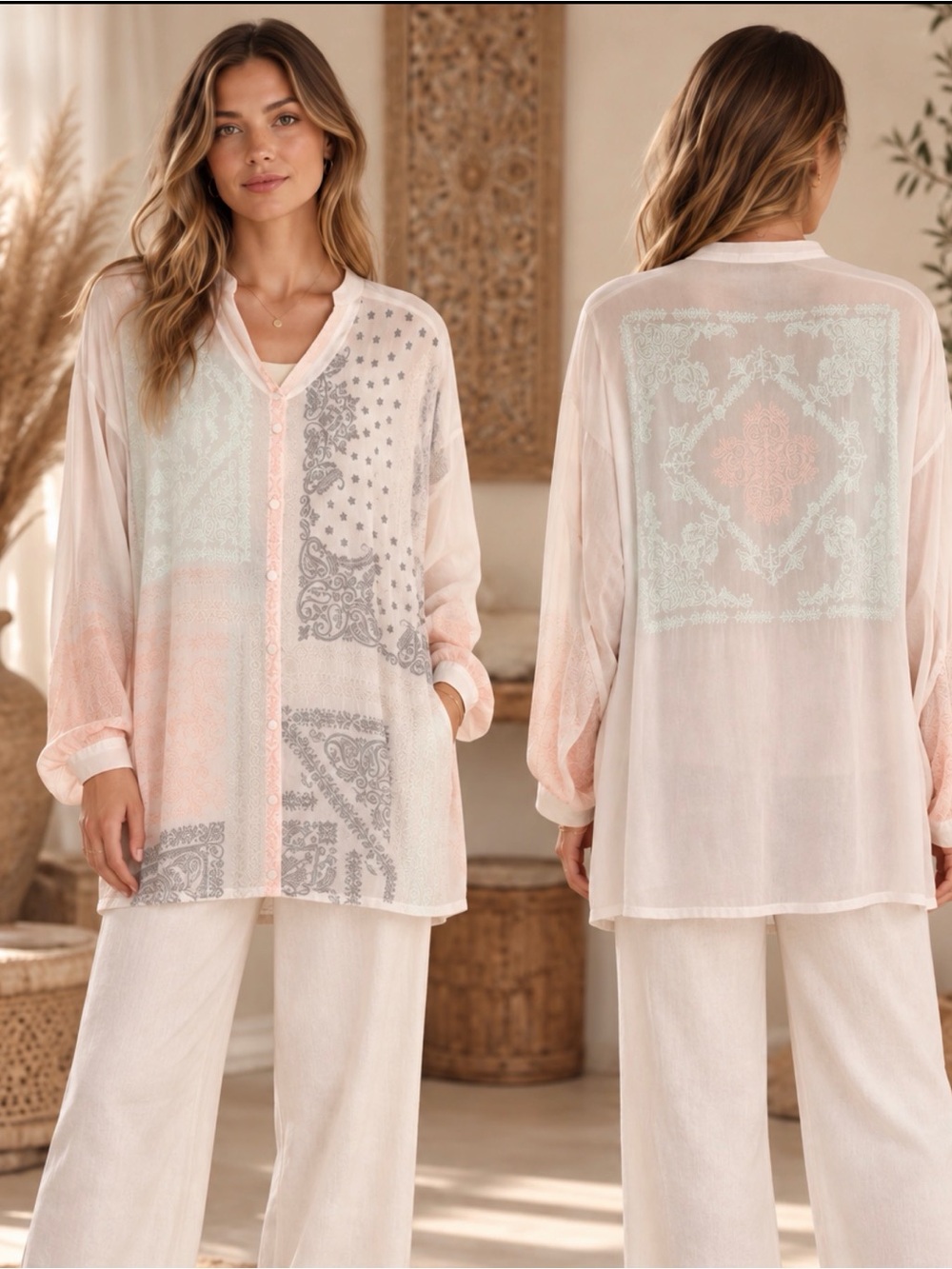Johnny Was Sheer Paisley Patchwork Button-Down (292909) 🌼 🦋